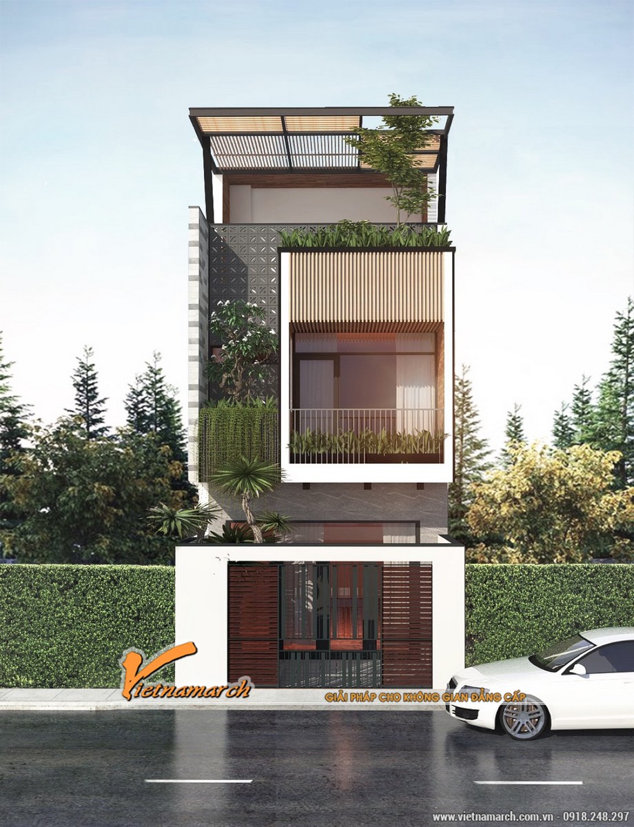 6 mẫu nhà phố cao tầng thiết kế hiện đại với cây xanh tràn ngập ban công > Mẫu 4: Thiếu kế kết hợp tường gạch hoa gió và song sắt trang trí