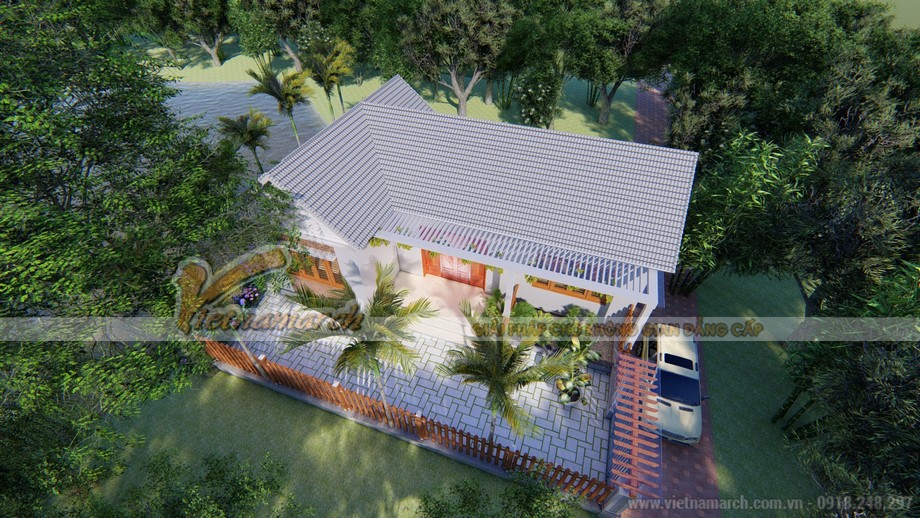5 mẫu thiết kế nhà cấp 4 với sân vườn xanh mát tuyệt đẹp > Mẫu 1: Nhà mái xám đơn giản phối hợp cùng sân lát đá cầu kỳ khéo léo