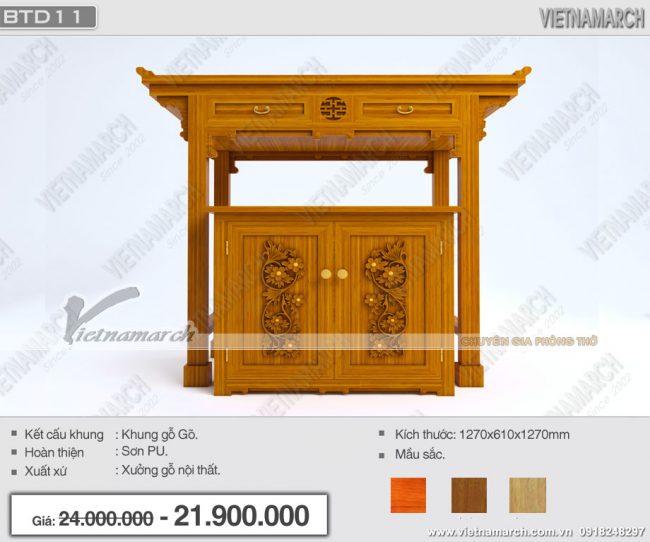 Thiết kế mẫu bàn thờ đứng BTD11 chuẩn phong thủy kèm bàn cơm gỗ gõ họa tiết đẹp độc đáo