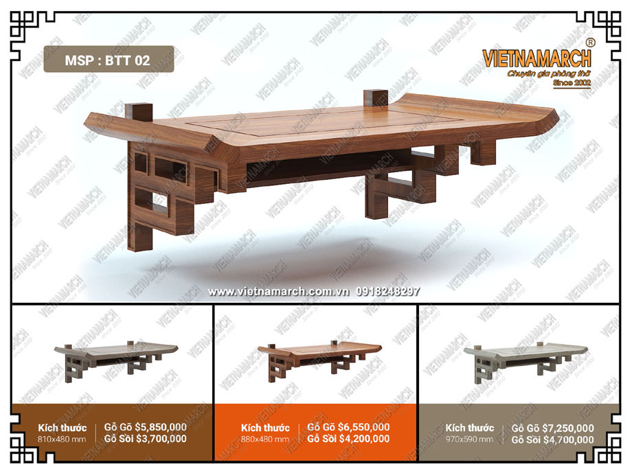 Mẫu bàn thờ treo tường bằng gỗ gõ chuẩn phong thủy nhiều tài lộc cho gia đình: BTT 02 > Mẫu bàn thờ treo tường đẹp BTT02