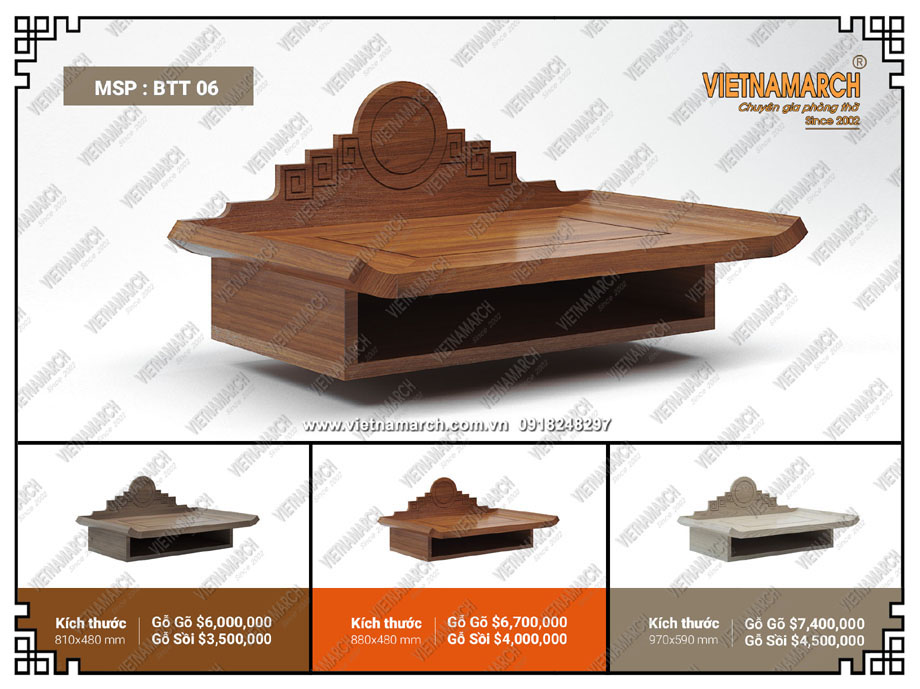 Những mẫu bàn thờ treo tường mang phong cách hiện đại pha nét truyền thống > Mẫu ban thờ treo BTT07 được thiết kế với hộc đựng đồ