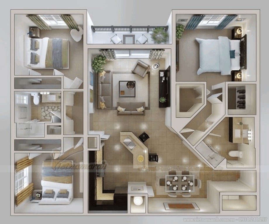 Mô hình thiết kế căn hộ chung cư 90m2 3 phòng ngủ hiện đại