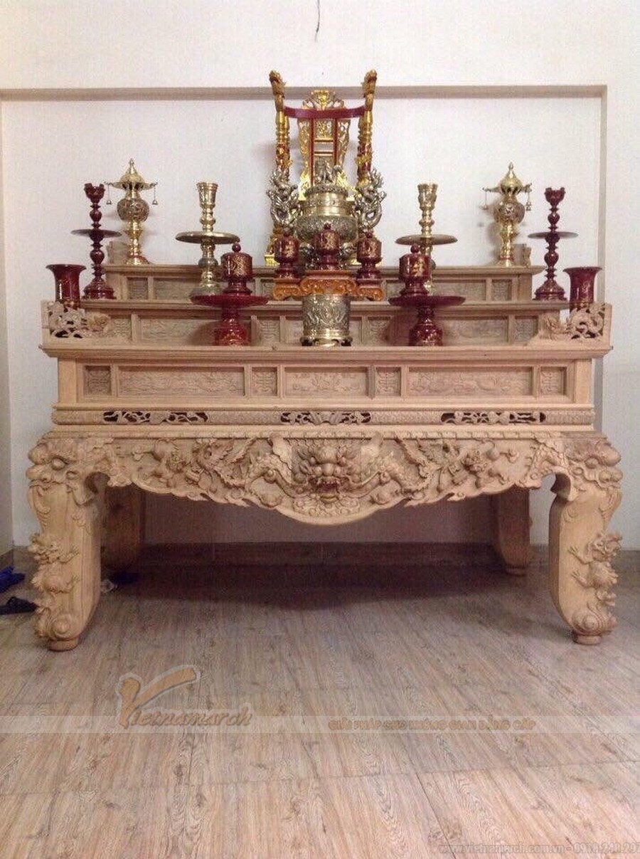 Mẫu bàn thờ tam cấp tứ linh gỗ trần sồi