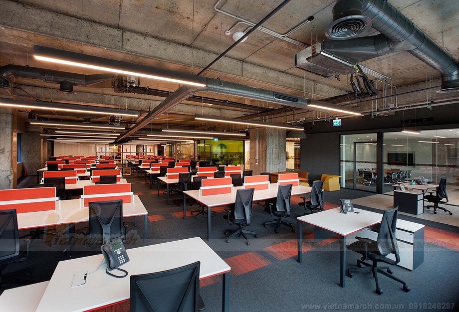 Thiết kế văn phòng coworking space ngập tràn màu sắc đẹp như quán cafe chuẩn xu hướng 2023 > Thiết kế Khu vực làm việc trong văn phòng nóng bỏng quyến rũ