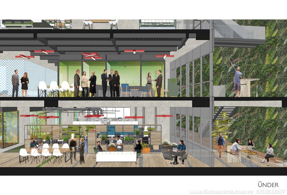 Thiết kế văn phòng coworking space ngập tràn màu sắc đẹp như quán cafe chuẩn xu hướng 2023 > Bản vẽ thiết kế 3D văn phòng coworking space
