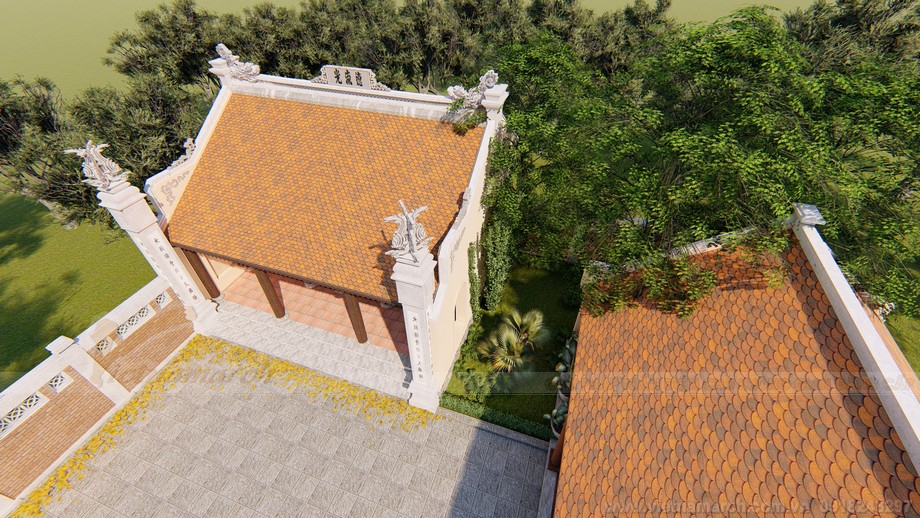 Thiết kế nhà thờ họ 3 gian kết hợp nhà ở anh Vũ Hùng- Đồng Hới -Quảng Bình > Chi tiết bản vẽ thiết kế 3D nhà thờ họ 3 gian 2 mái kết hợp nhà ở họ Vũ Quảng Bình