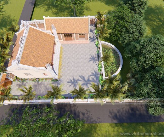 Thiết kế nhà thờ họ 3 gian 2 mái kết hợp nhà ngang với khuôn viên đẹp ở Sơn La
