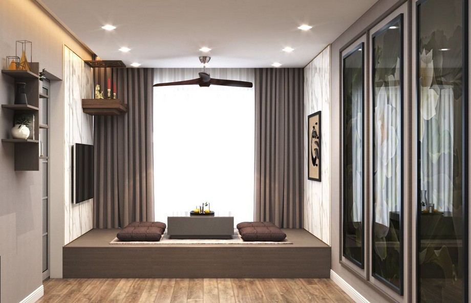 Những phương án thiết kế nội thất chung cư kiểu Nhật đơn giản, ấn tượng > Thiết kế nội thất phòng khách chung cư kiểu Nhật với kiểu bàn tiếp khách ngồi bệt 