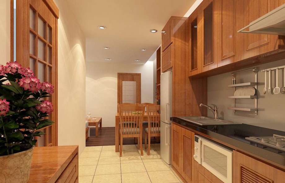Những phương án thiết kế nội thất chung cư kiểu Nhật đơn giản, ấn tượng > Thiết kế nội thất phòng bếp chung cư kiểu Nhật với thiết kế tủ bếp đơn giản, hiện đại