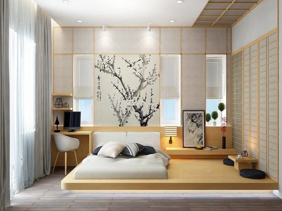 Những phương án thiết kế nội thất chung cư kiểu Nhật đơn giản, ấn tượng > Thiết kế nội thất phòng ngủ chung cư kiểu Nhật với chiếc giường thấp và những vật dụng trang trí đậm chất Nhật