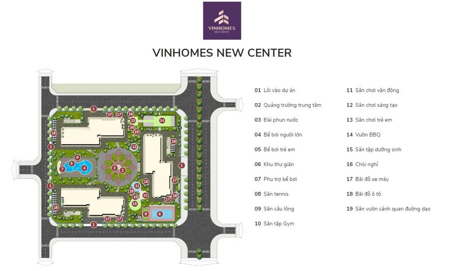 Tổng quan dự án căn hộ văn minh bậc nhất Hà Tĩnh Vinhomes New Center > Mặt bằng tiện ích dự án Vinhomes New Center Hà Tĩnh