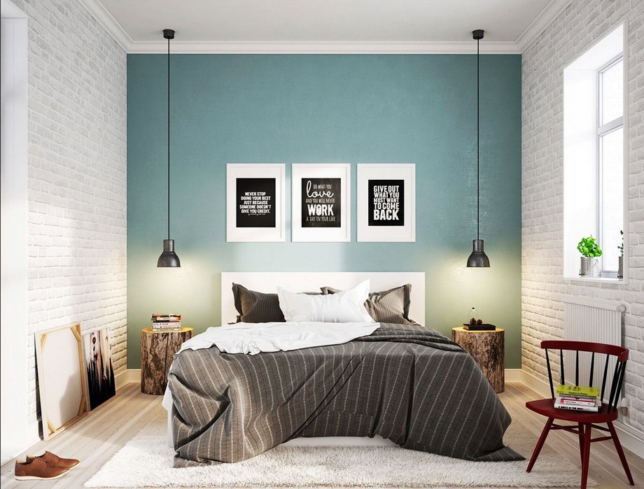 Thiết kế phòng ngủ chung cư 70m2 đẹp phong cách Scandinavian kết hợp với bức tường sơn màu xanh pastel