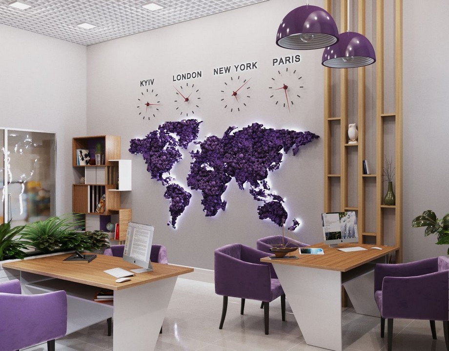 Bí quyết thiết kế nội thất văn phòng du lịch đẹp và ấn tượng > Thiết kế văn phòng du lịch tông màu tím chủ đạo, tường trang trí với bản đồ và đồng hồ các nước
