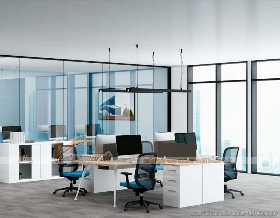 Mẫu bàn làm việc D50 lắp ghép, hiện đại cho không gian văn phòng > Mẫu bàn làm việc D50 lắp ghép, hiện đại cho không gian văn phòng với cụm 4 chỗ ngồi và có tủ chứa đồ