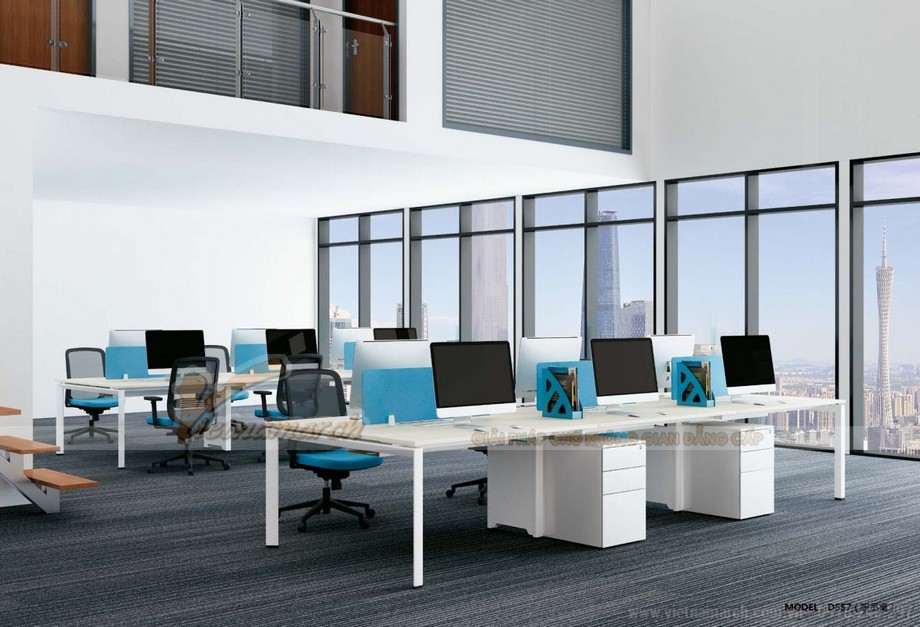 Mẫu bàn làm việc D557 hiện đại, đa năng cho không gian nội thất văn phòng > Mẫu bàn làm việc D557 hiện đại, đa năng ghép thành dãy bàn 6 người có thêm tủ cho không gian nội thất văn phòng