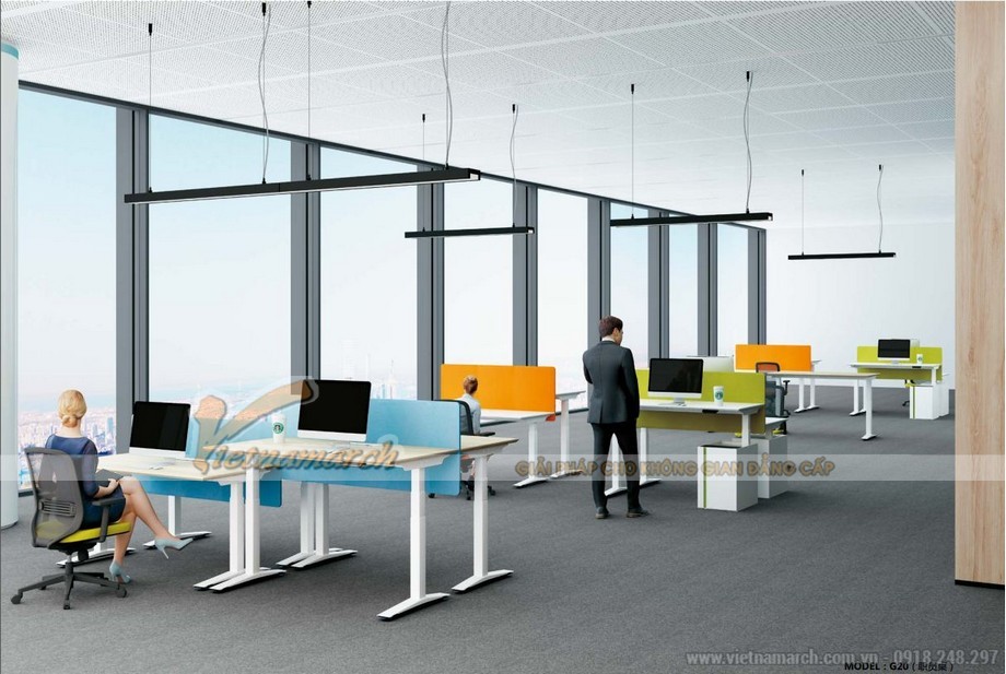 Mẫu bàn làm việc đa năng ấn tượng cho nội thất văn phòng hiện đại: G20 > Mẫu bàn làm việc đa năng được bố trí với nhiều màu sắc vách ngăn cho nội thất văn phòng hiện đại, nổi bật
