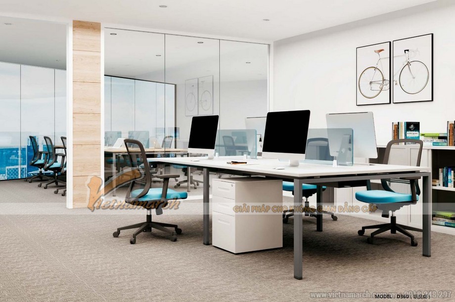 Mẫu thiết kế bàn làm việc D360 kiểu dáng hiện đại cho không gian văn phòng > Mẫu thiết kế bàn làm việc D360 kiểu dáng hiện đại cho không gian văn phòng với 4 chỗ ngồi có thêm tủ