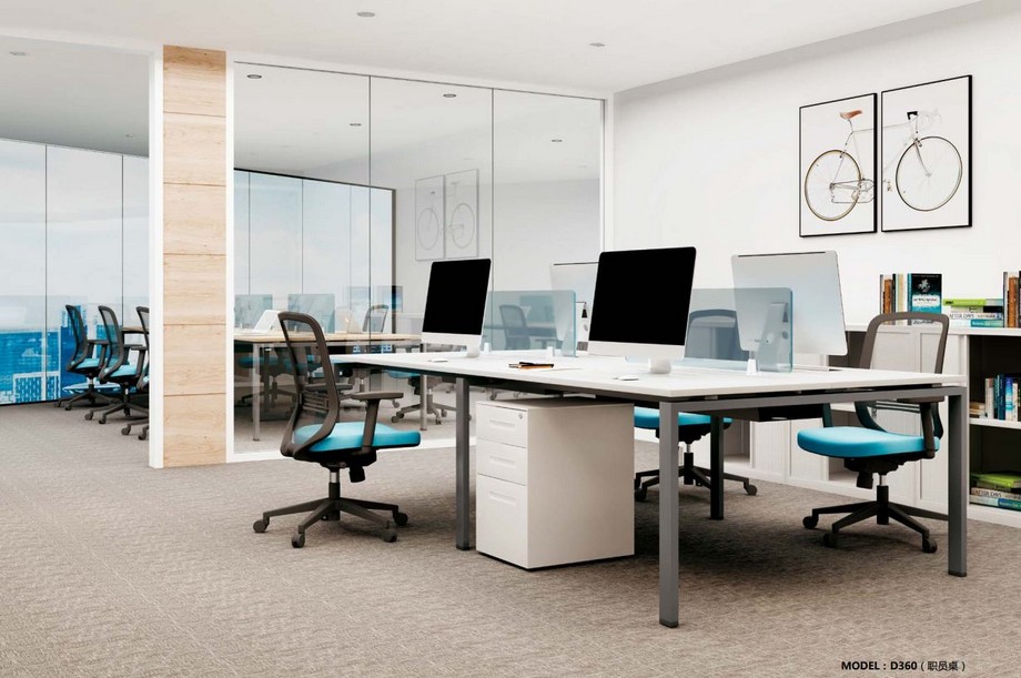 Mẫu thiết kế bàn làm việc D360 kiểu dáng hiện đại cho không gian văn phòng Mẫu thiết kế bàn làm việc D360 kiểu dáng hiện đại cho không gian văn phòng với 4 chỗ ngồi có thêm tủ