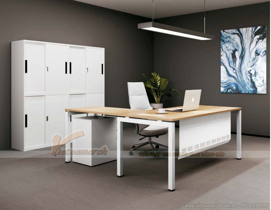 Mẫu thiết kế bàn làm việc D550 ấn tượng cho nội thất văn phòng hiện đại > Mẫu thiết kế bàn làm việc D550 ấn tượng cho nội thất văn phòng giám đốc hiện đại khung trắng có tủ và thanh chắn