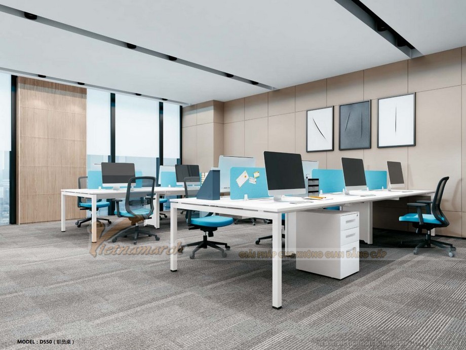 Mẫu thiết kế bàn làm việc D550 ấn tượng cho nội thất văn phòng hiện đại > Mẫu thiết kế bàn làm việc D550 ấn tượng cho nội thất văn phòng hiện đại kết hợp thành mẫu bàn dài màu trắng