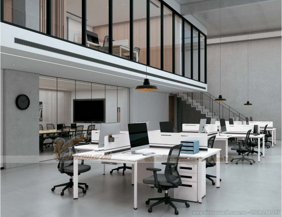 Mẫu thiết kế bàn làm việc D558 hiện đại, trẻ trung cho không gian văn phòng > Mẫu thiết kế bàn làm việc D558 hiện đại, trẻ trung hình dấu + có thêm các tủ chứa đồ cho không gian văn phòng