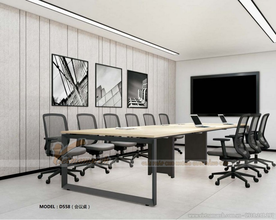 Mẫu thiết kế bàn làm việc D558 hiện đại, trẻ trung cho không gian văn phòng > Mẫu thiết kế bàn làm việc D558 hiện đại, trẻ trung với chân bàn chắc chắn, sơn màu đen cho không gian phòng họp lớn