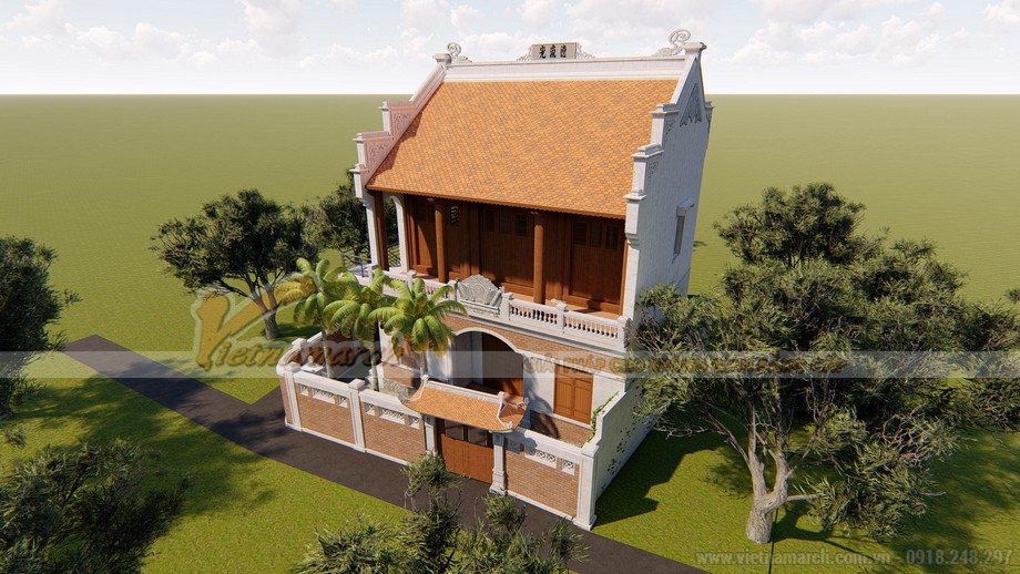 Thiết kế nhà thờ họ Vũ 2 tầng 2 mái ở Đà Nẵng diện tích khuôn viên 110m2 > Bản vẽ 3D nhà thờ họ Vũ Tại Đà Nẵng