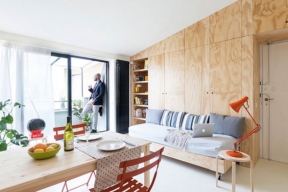 30 mẫu thiết kế căn hộ studio có diện tích nhỏ ấn tượng, hiện đại > Căn hộ với chất liệu gỗ đầy thú vị