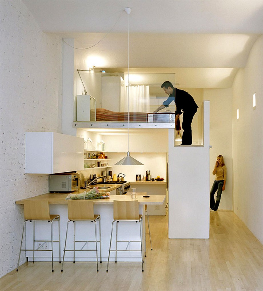 30 mẫu thiết kế căn hộ studio có diện tích nhỏ ấn tượng, hiện đại > Căn hộ thanh lịch với gác lửng và vách kính