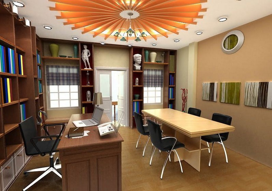 Thiết kế nội thất phòng làm việc giám đốc nhỏ 25m2 với bàn giám đốc, bàn họp và các tủ tài liệu