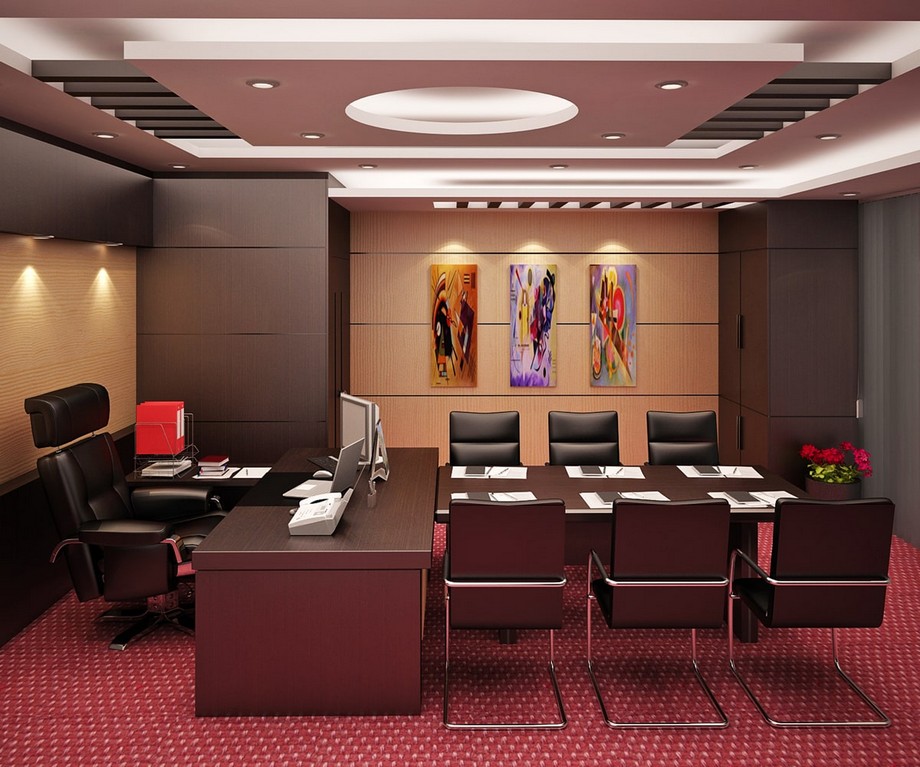 Công trình văn phòng 20m2, thiết kế phòng giám đốc 20m2 đẹp, hợp lý > Phòng giám đốc với thiết kế tối màu, sang trọng với bàn họp liền với bàn làm việc giám đốc
