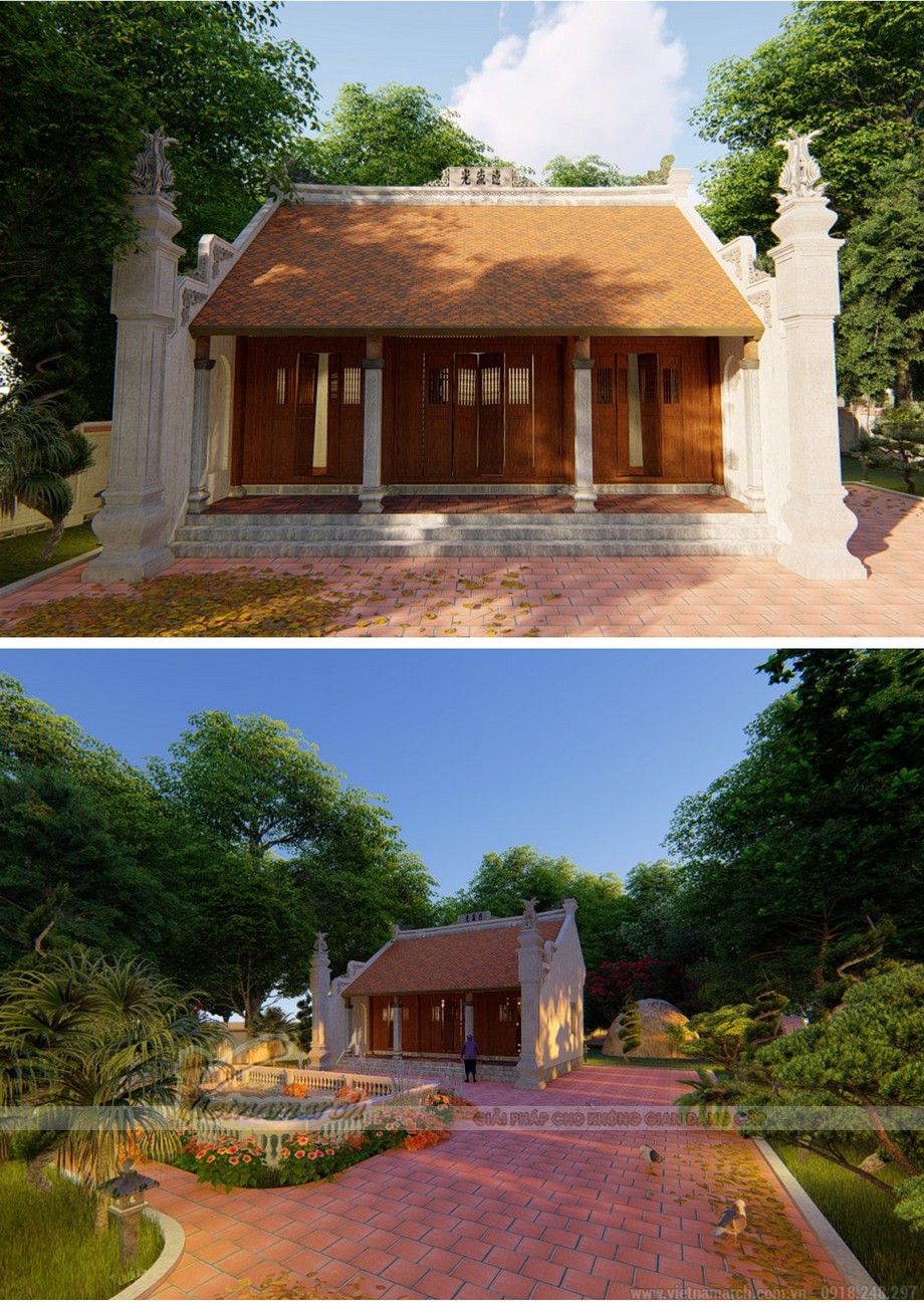 Mẫu thiết kế nhà thờ họ, từ đường chữ Nhất bê tông giả gỗ 3 gian đẹp