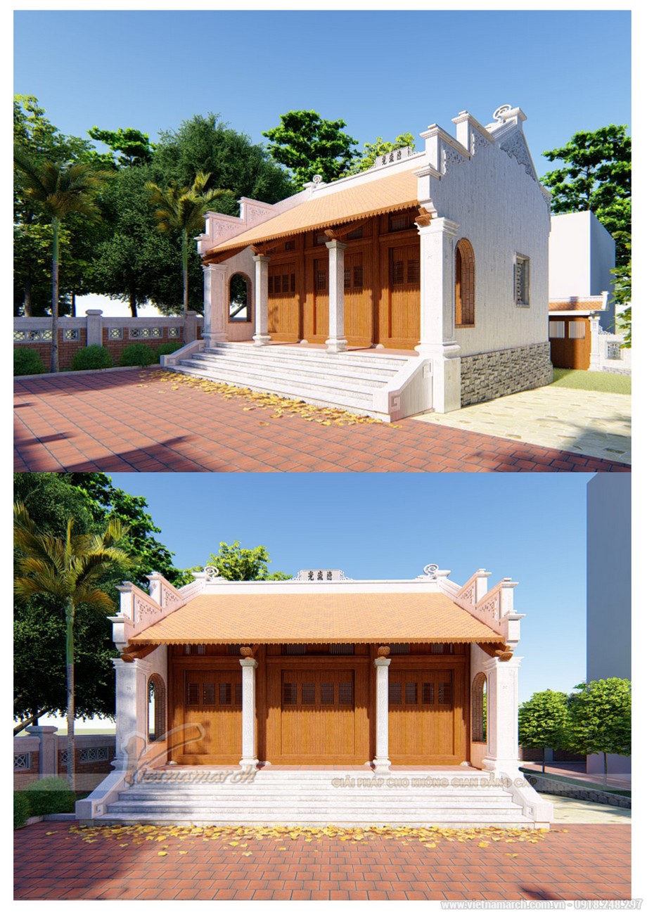 Mẫu thiết kế nhà thờ họ, từ đường chữ Nhất bê tông giả gỗ 2 mái