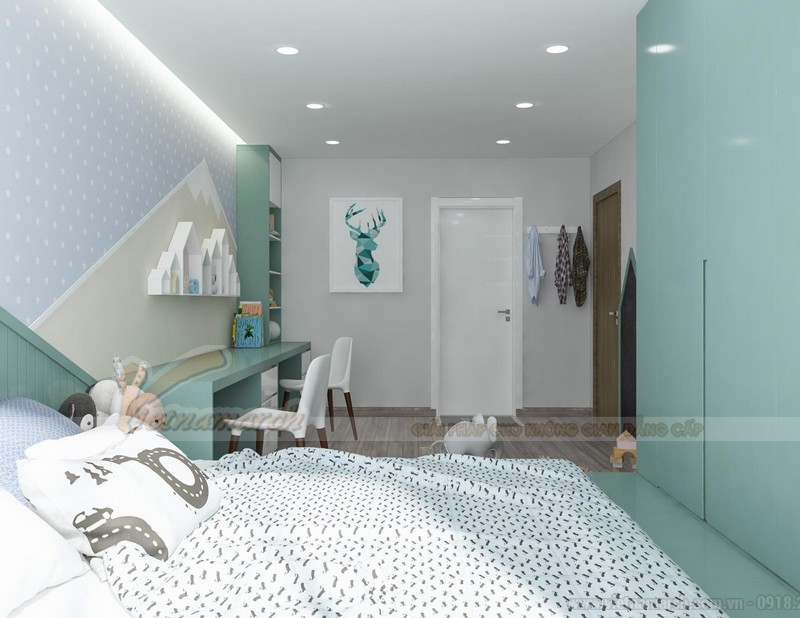 Thiết kế nội thất nhà chung cư đẹp rộng 150m2 3 phòng ngủ tại 25 Lạc trung Hà Nội > Thiết kế phòng ngủ của bé trong  chung cư với gam màu xanh tươi sáng