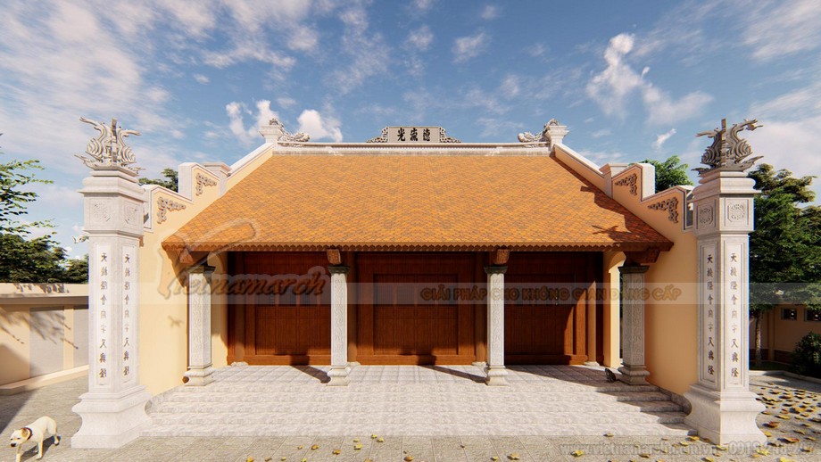 Bản vẽ thiết kế nhà thờ họ 3 gian bê tông giả gỗ 100m2 tại Thái Bình > Thiết kế nhà thờ họ 3 gian 2 mái đẹp nhất