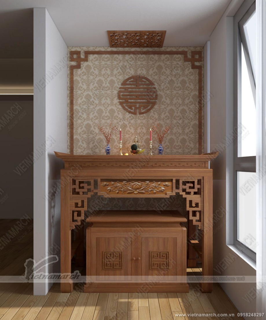 Mẫu nội thất phòng thờ đẹp gỗ sồi cho nhà lô, nhà ống, nhà phố 