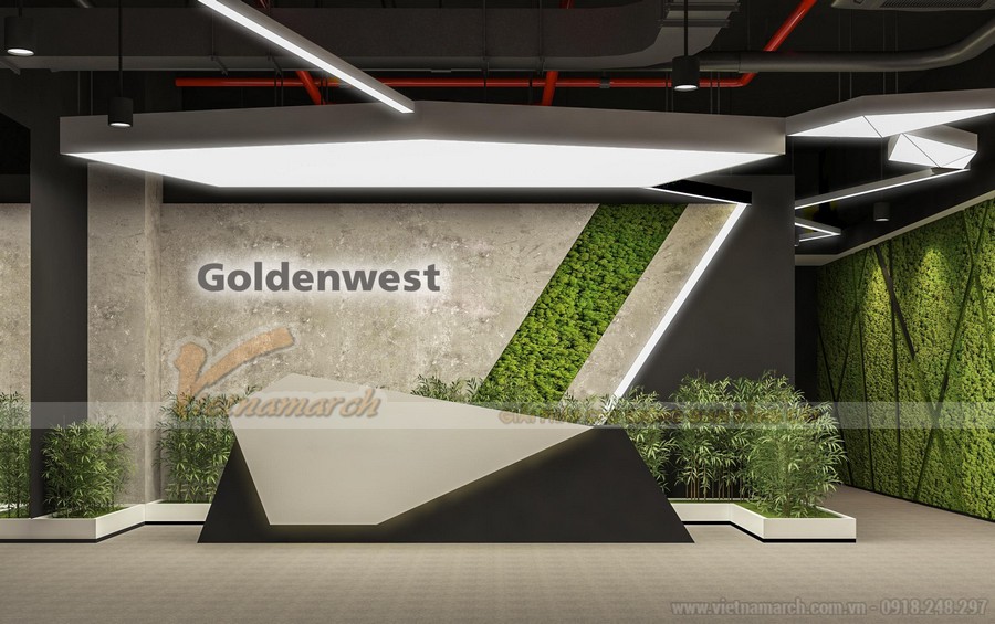 Phương án thiết kế nội thất văn phòng công ty Golden West – Thanh Xuân – Hà Nội > Thiết kế quầy lễ tân ấn tượng - văn phòng Golden West Thanh Xuân