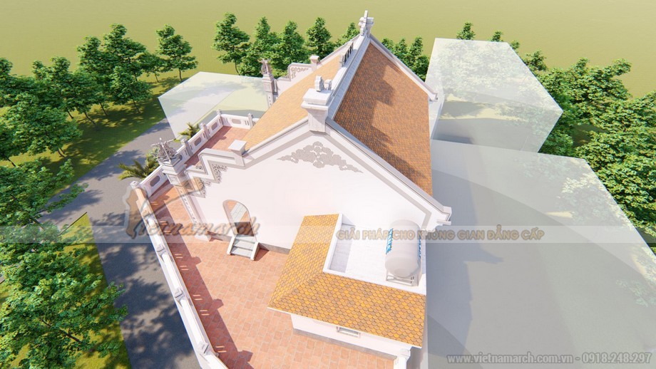 Dự án thiết kế nhà thờ họ kết hợp nhà ở kết cấu bê tông sơn giả gỗ tại Thường Tín Hà Nội > Phối cảnh 3D nhà từ đường 3 gian 2 mái kết cấu bê tông sơn giả gỗ
