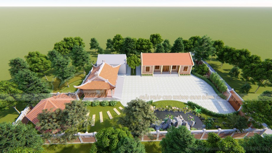 Tìm hiểu chi tiết về kiến trúc mái trong thiết kế nhà thờ họ tại Việt Nam > nhà thờ họ 4 mái đẹp với khuôn viên rộng