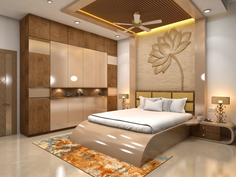 Trần thạch cao kết hợp gỗ CNC cho không gian phòng ngủ