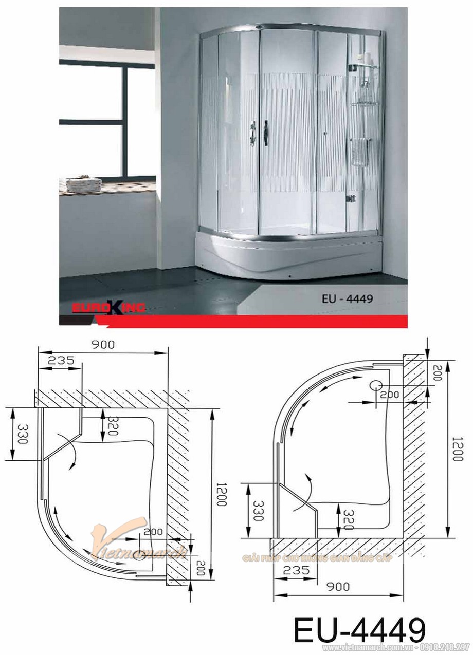 Thông số kích thước bồn tắm đứng thông dụng của một số thương hiệu nổi tiếng > Kích thước bồn tắm đứng Euroking EU-4449 đặt góc đế cao