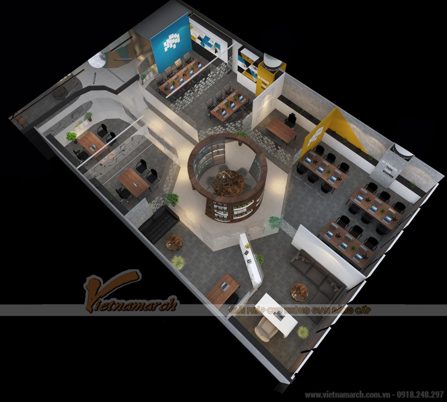Thiết kế 3Dmax phối cảnh nội thất văn phòng Golden Net tầng 3 Dolphin 183m2 > Thiết kế 3Dmax phối cảnh nội thất văn phòng Goden Net tầng 3 Dolphin 183m2