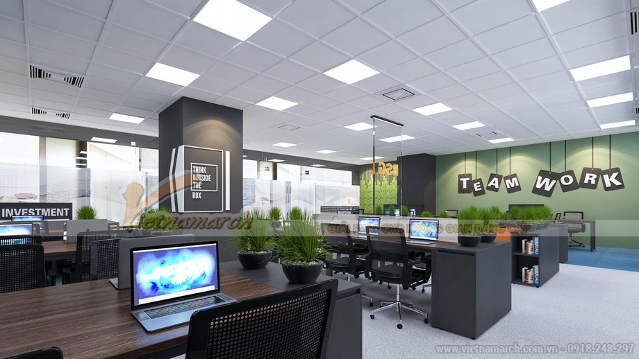 Phương án thiết kế thi công nội thất văn phòng 140m2 hiện đại tại Hà Đông – Hà Nội > Thiết kế, thi công nội thất văn phòng 140m2 tại Hà Đông không gian mở