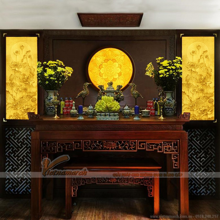 Kết hợp tranh trúc chỉ, tranh giấy dừa Mandala và tranh hoa sen trong phòng thờ
