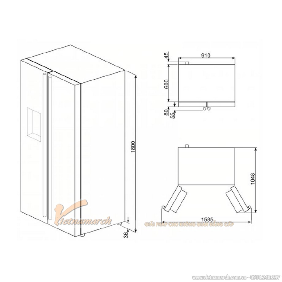 Kích thước tủ lạnh Side By Side SMEG SBS662X, 616 lít