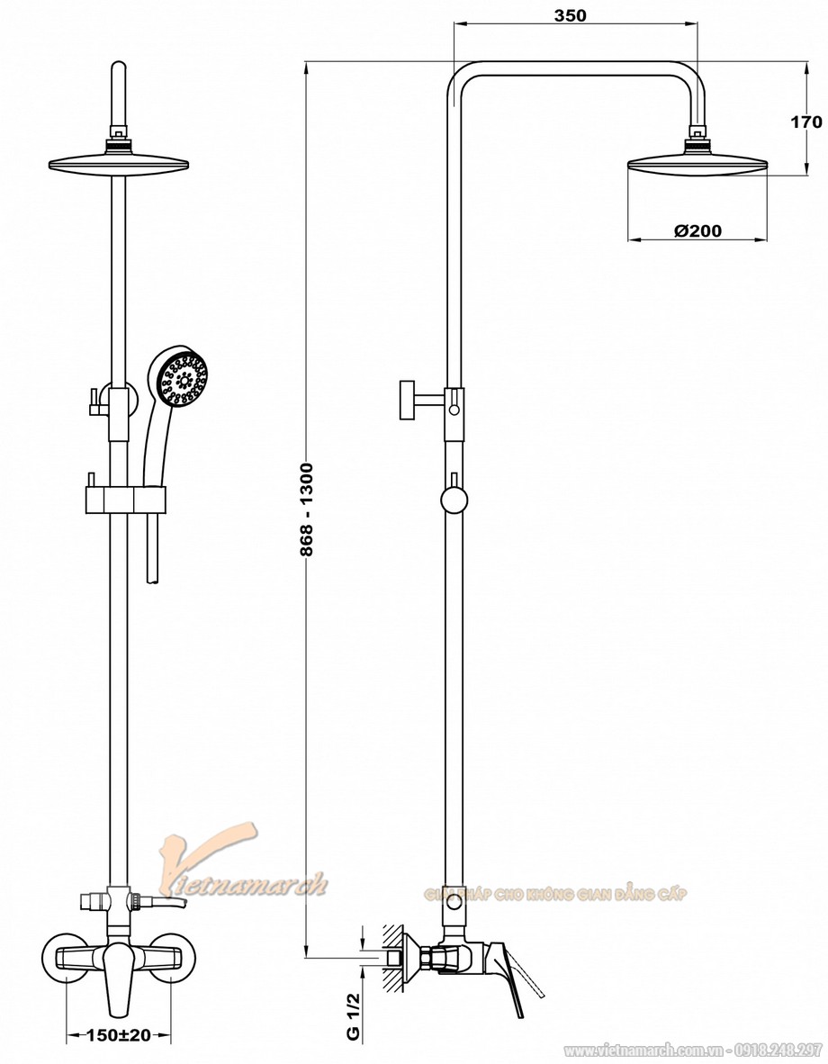Kích thước vòi sen thông dụng đến từ một số hãng sản xuất nổi tiếng > Kích thước vòi sen cây Teka MT Plus