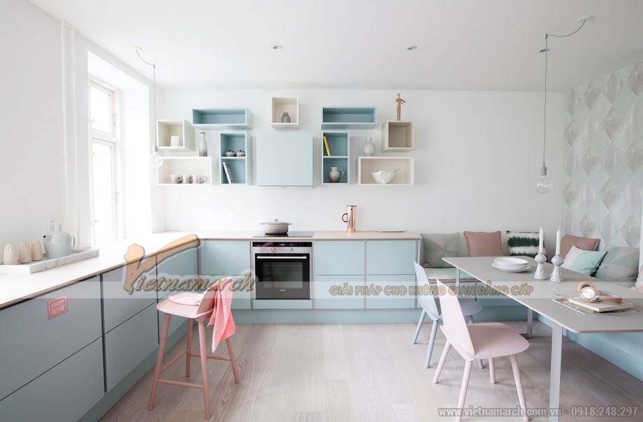 100+ Mẫu tủ bếp hiện đại – Ý tưởng thiết kế không gian nhà bếp sáng tạo nhất > Tủ bếp màu pastel dịu dàng và tươi mới