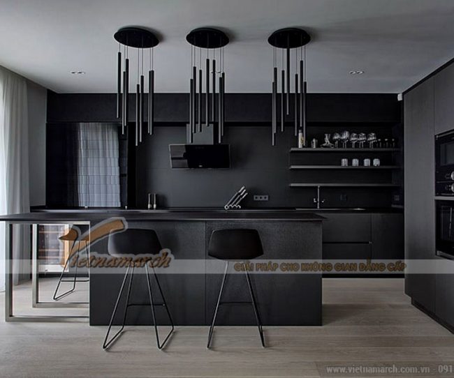 Tủ bếp màu đen với cách decor siêu sang