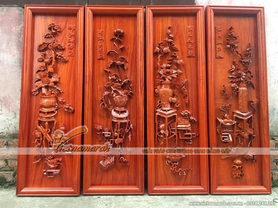 Ý nghĩa 50+ điển tích- hình trang trí phức hợp trên gỗ trong không gian thờ Việt-Phần 2 > Tranh gỗ phòng khách phòng thờ đẹp
