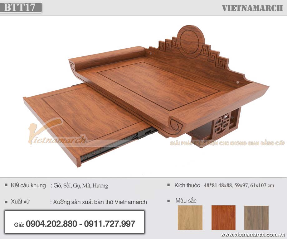 Mẫu bàn thờ treo gỗ sồi màu cánh gián 48x81 có ngăn kéo cho biệt thự